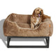 Raised dog bed by Fuzi, perfect for keeping your pet off the ground and comfortable, small elevated dog bed in brown and black.
