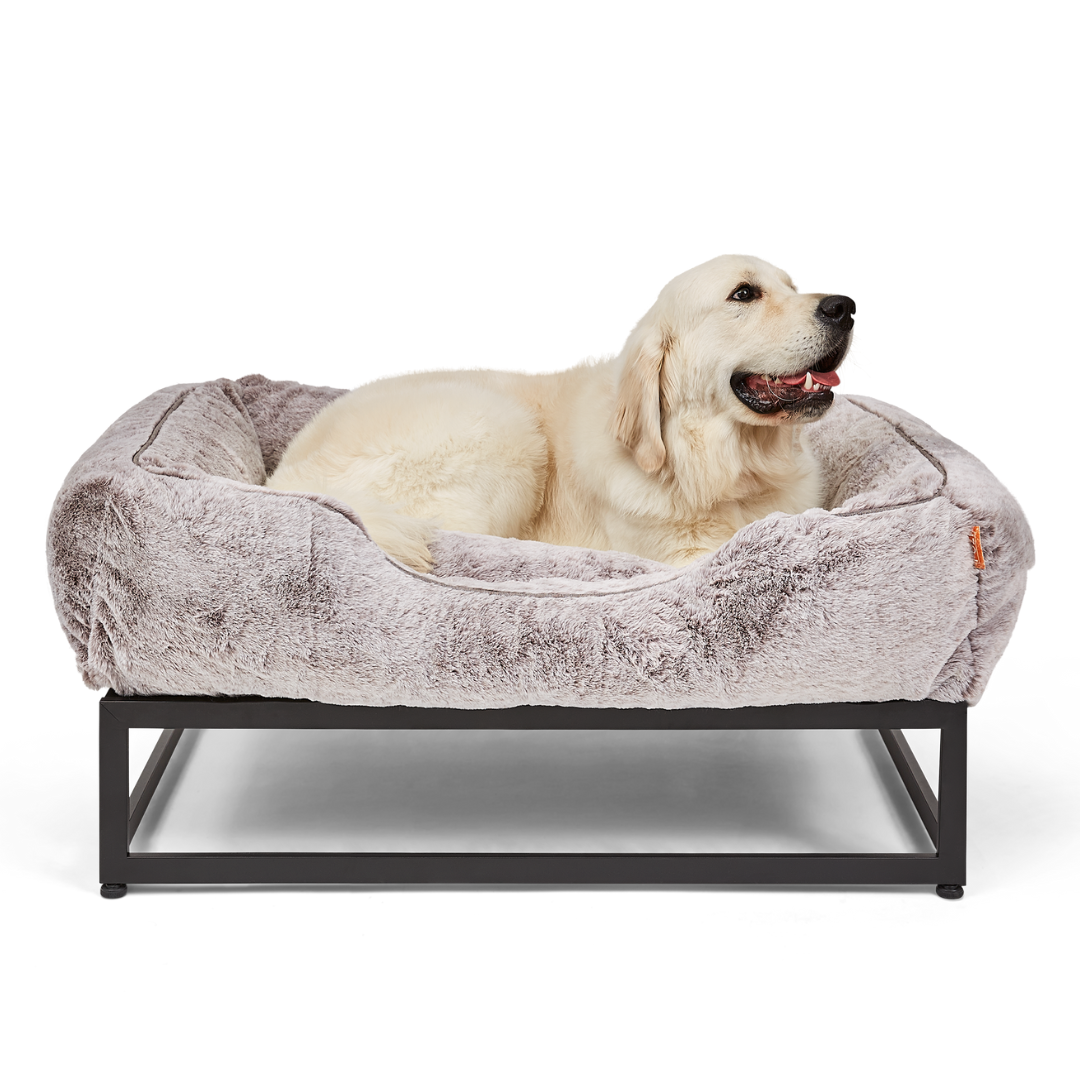 FUZI Elevated Dog Bed Light Grey Faux Fur Dog Bed Luxury Dog Beds