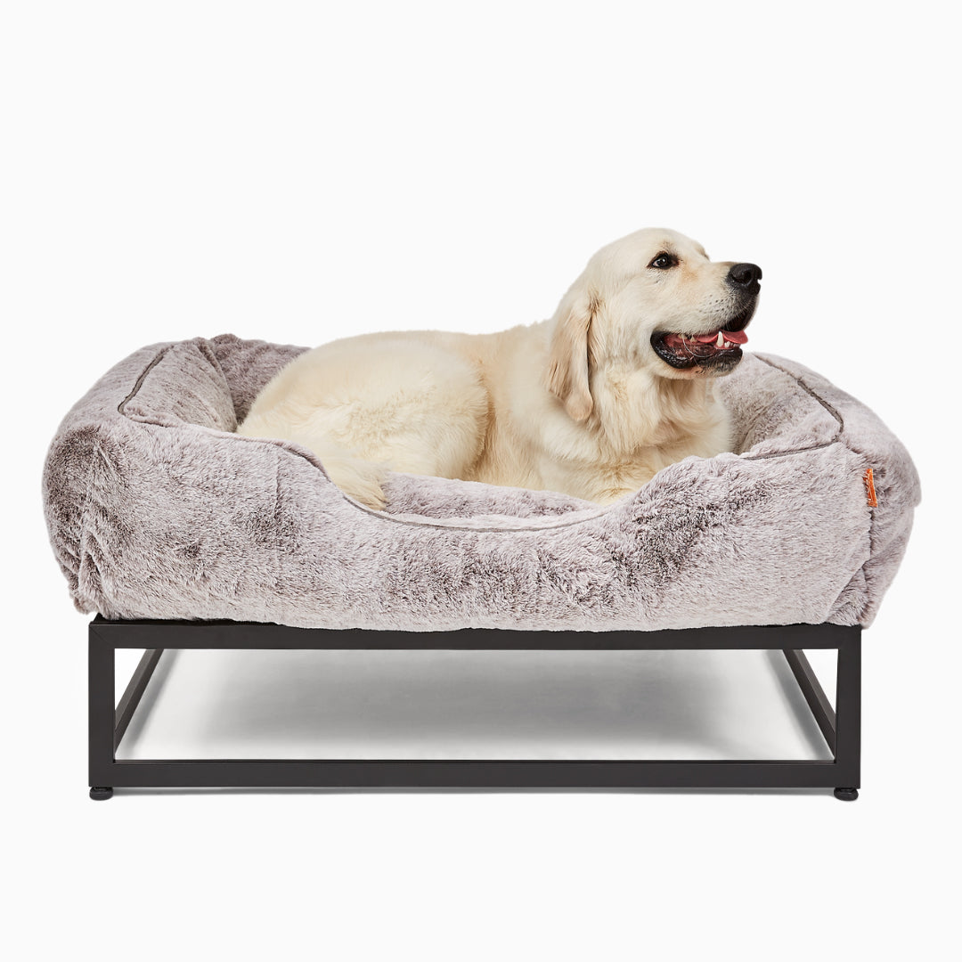 View of FÜZI Elevated Dog Bed | Light Grey Faux Fur Dog Bed | Luxury Dog Beds