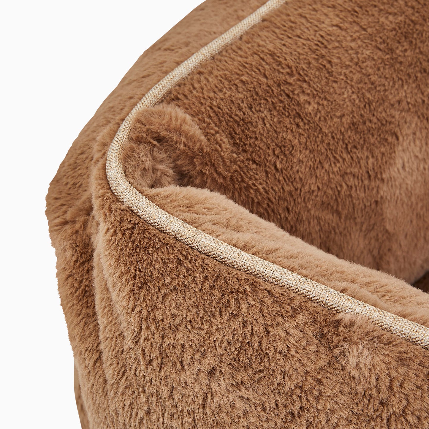Swatch of light brown faux fur for elevated dog bed by Fuzi, designed for optimal airflow, support, and comfort, in light brown plush.