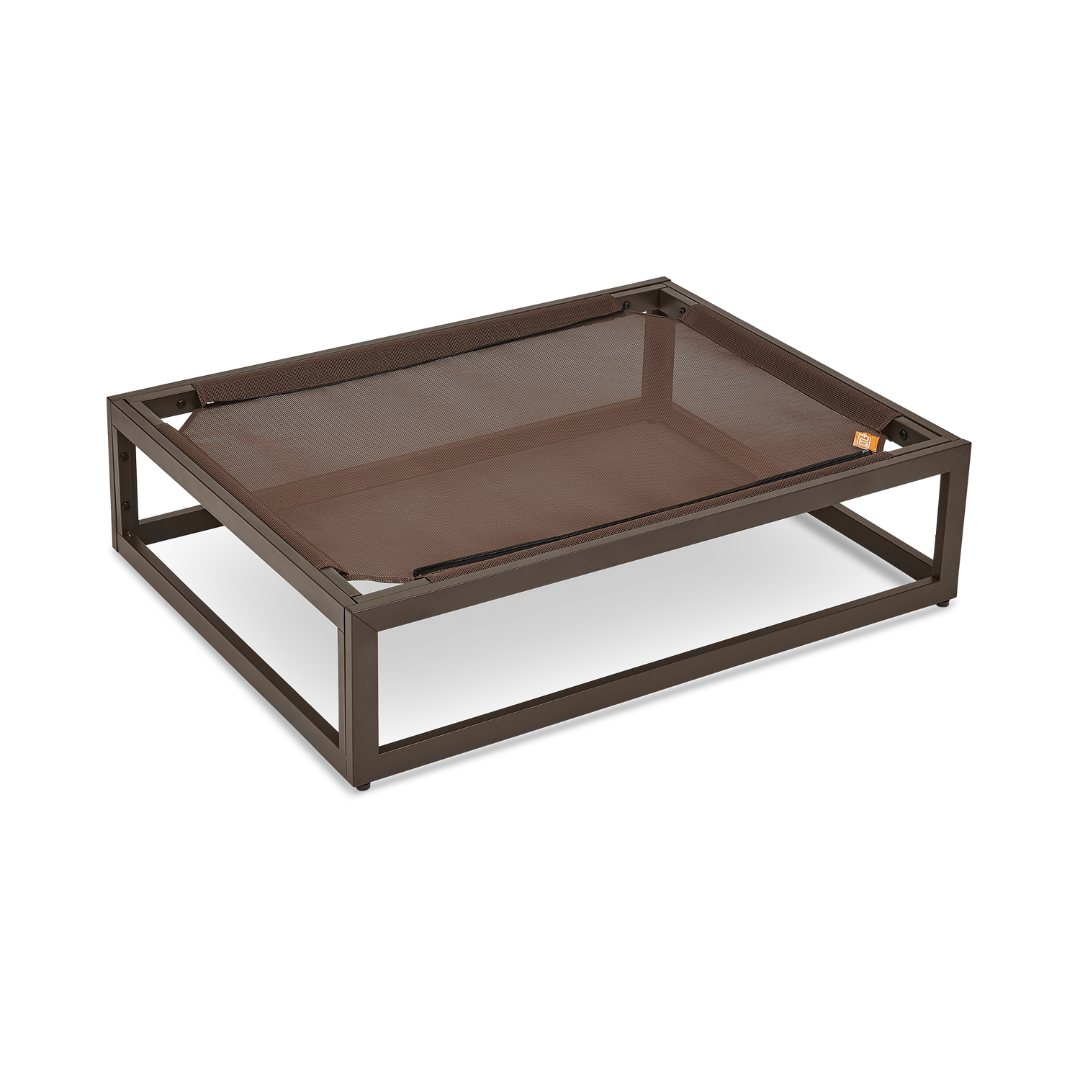 Up Pup platform dog bed by Fuzi, a versatile orthopedic raised dog bed with a metal frame in black, usable with or without the Sammy bolster dog bed, available in three sizes and perfect for outdoor use.