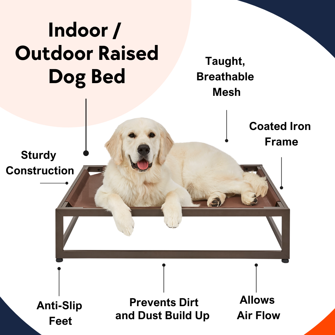 Fuzi Up Pup platform dog bed, a durable orthopedic raised dog bed with a metal frame in brown, suitable for use with or without the Sammy bolster dog bed, in small, medium, and large sizes, ideal for all weather conditions.