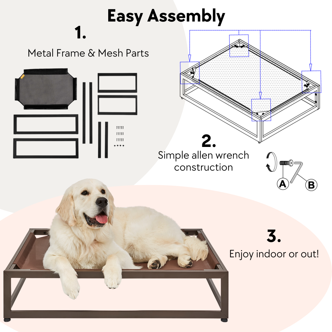 Up Pup platform dog bed by Fuzi, an elevated orthopedic metal frame raised dog bed in brown, designed for use with or without the Sammy bolster dog bed, in three sizes and suitable for all weather.