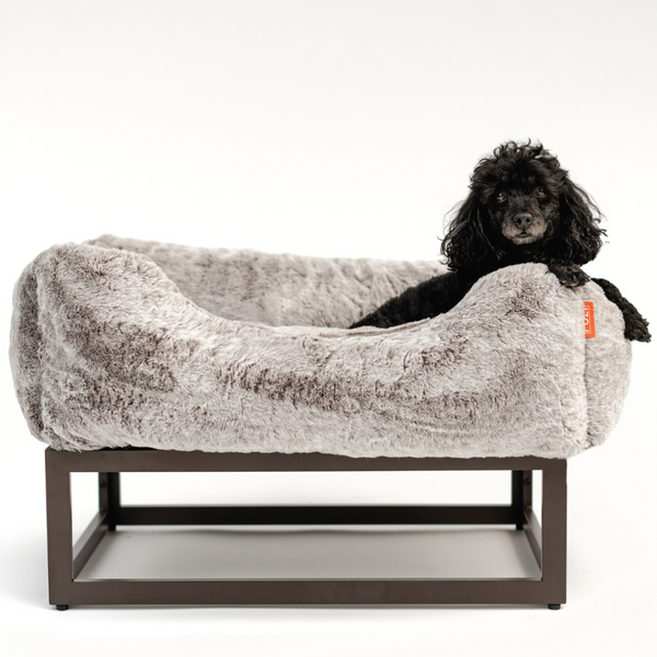 Bolster elevated dog bed by Fuzi in small, light grey, featuring raised sides for additional support and comfort for your pet.