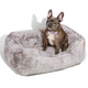 French bulldog in a Sammy bolster dog bed in light grey faux fur by Fuzi, with a removable cover available in four beautiful colors and three sizes.