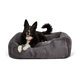 Mixed breed medium sized dog in a Sammy bolster dog bed in dark grey faux fur by Fuzi, washable dog bed, available in four beautiful colors and three sizes.