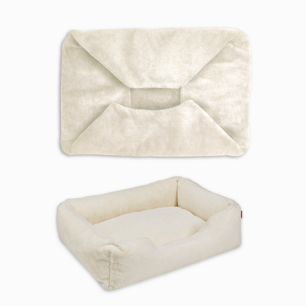Sammy bolster dog bed cover in white faux fur by Fuzi, washable dog bed cover, available in four beautiful colors and three sizes.