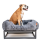 Boxer Dog in a Raised dark grey dog bed with black metal base, by Fuzi, perfect for keeping your pet off the ground and comfortable