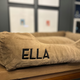 Brown Sammy Bed by Fuzi with personalization, embroidered dog bed.