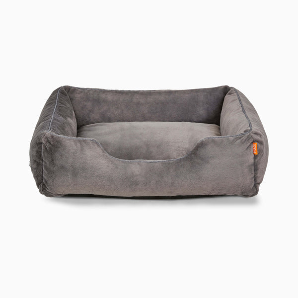 Dark Grey Sammy bolster dog bed in faux fur by Fuzi, washable dog bed, available in four beautiful colors and three sizes.