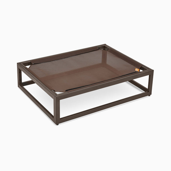 The raised Up Pup platform dog bed by Fuzi, featuring a metal frame in brown, perfect for adding the Sammy bolster dog bed on top, available in small, medium, and large, offering orthopedic support and suitable for outdoor use