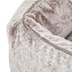 Swatch of Light grey faux fur elevated dog beds by Fuzi, designed for enhanced airflow, support, and comfort, in light grey fur with a black metal base.